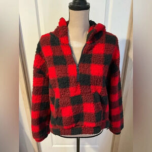 Almost Famous XL Red & Black plaid pull over with half zipper closure